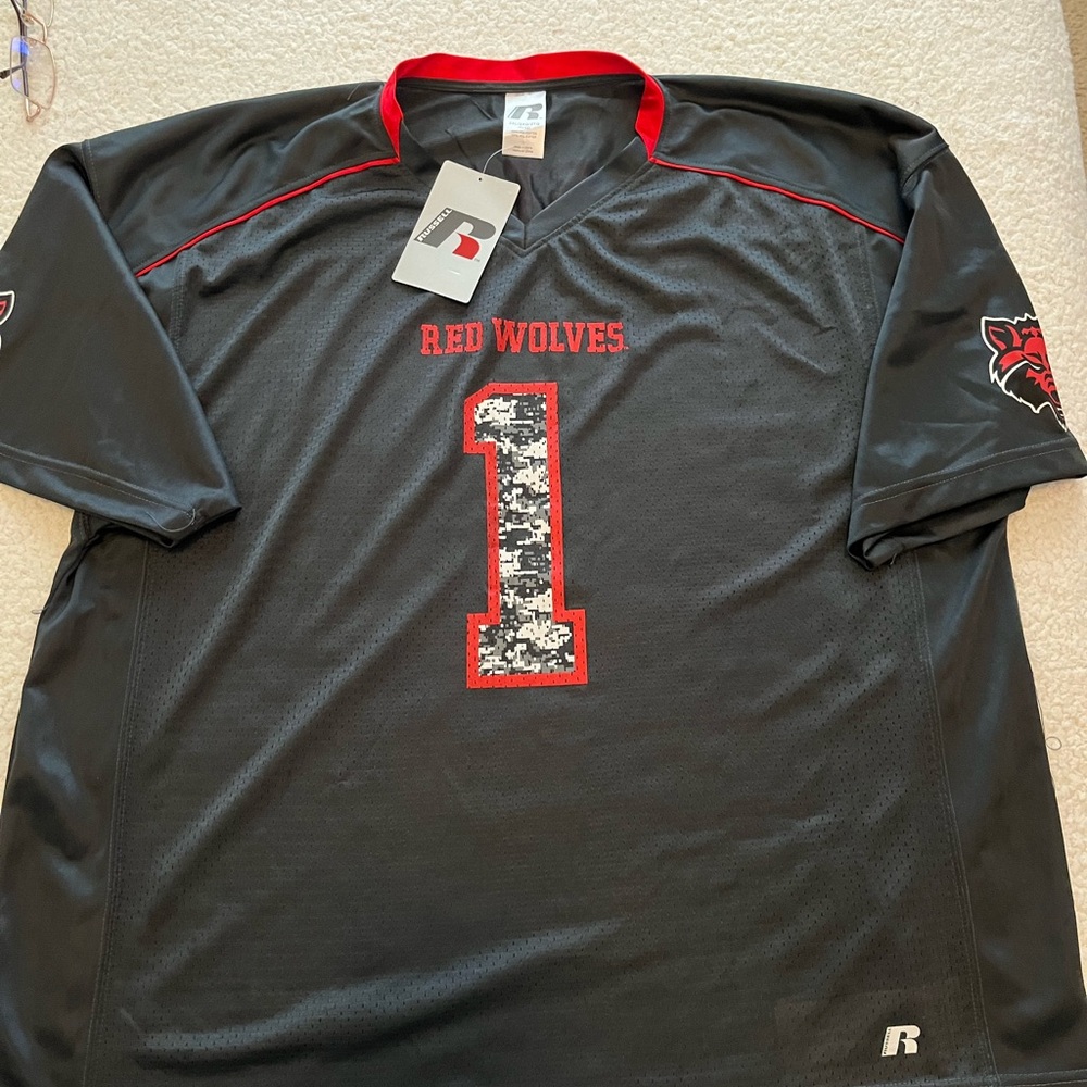 NWT, RUSSELL Men’s Jersey, 2XL, Dark grey with red, 100% polyester, side slits
